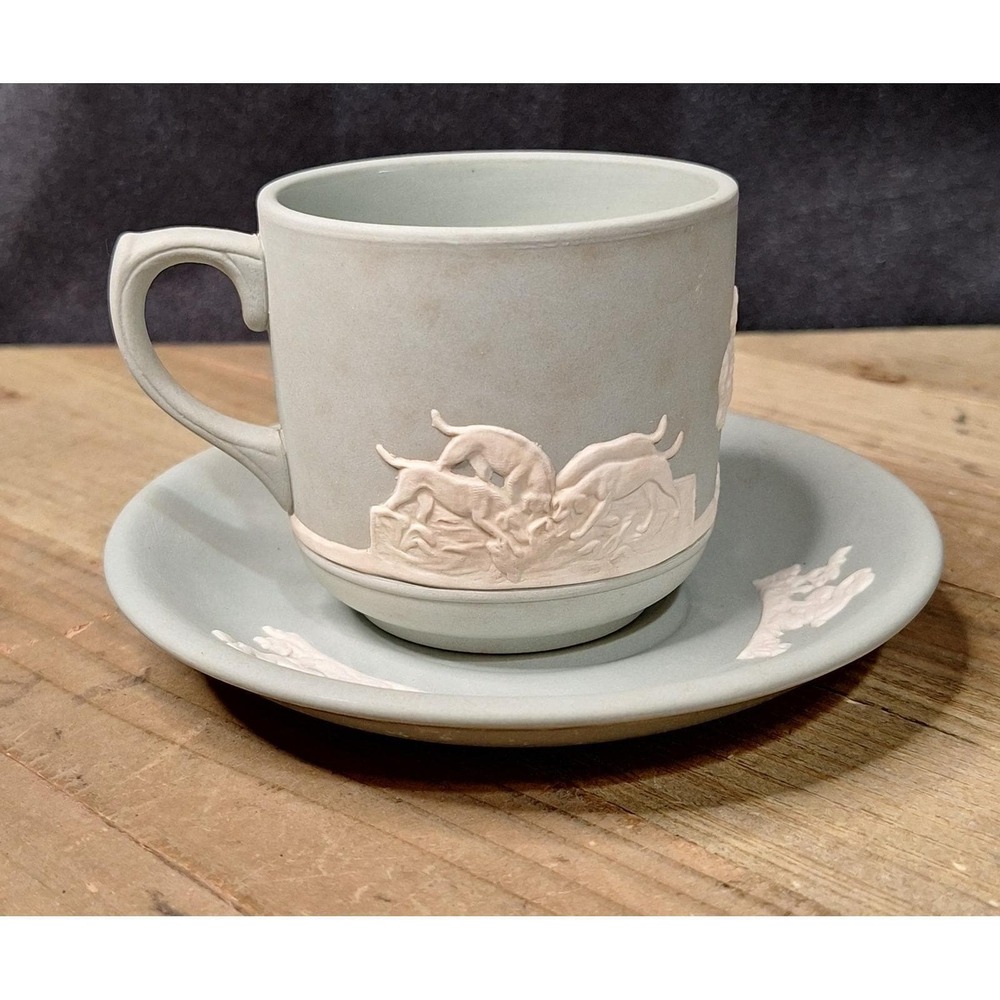 Jasper Ware Judson Hanley Tea Cup and Saucer Set Sage Green Fox Hunt Cherubs